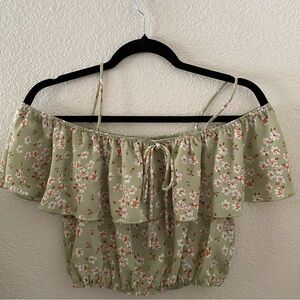 Papaya Floral Ruffle Crop Top in Soft Green